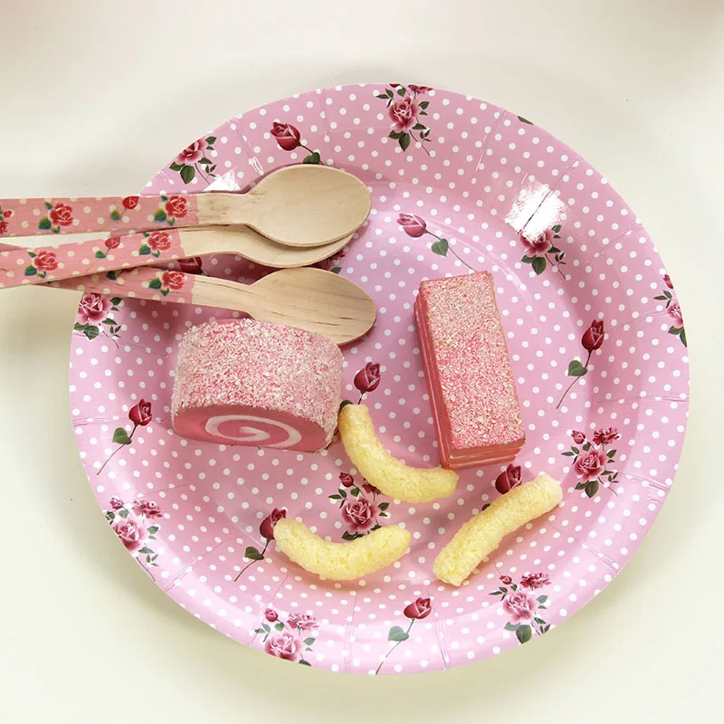 12 шт. Винтажные Цветы одноразовые наборы посуды 23 см Европейский стиль розы тарелки в горошек для украшения на свадьбу на день рождения вечерние принадлежности - Цвет: pink