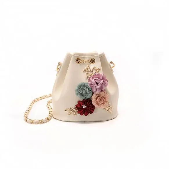 

Fashion Bucket String Bags For Women Flower Appliques Shoulder Bag Top Quality Leather Designer Female Crossbody Messenger Bags