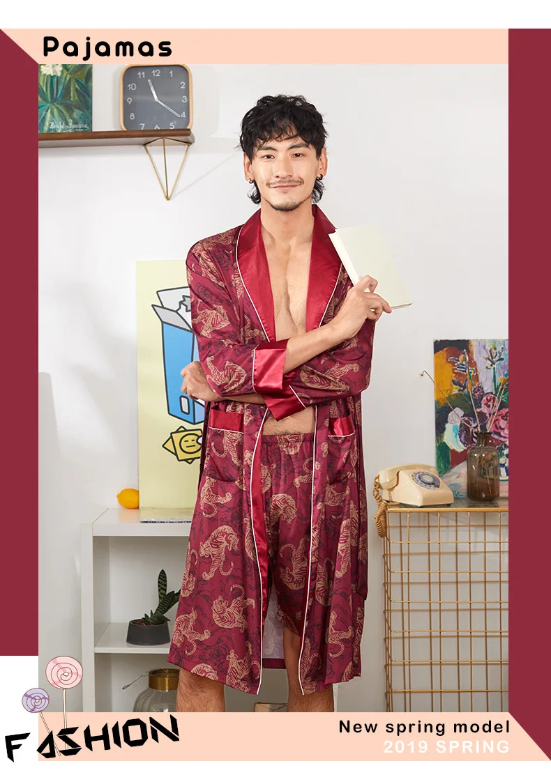 Hawiton Brand Autumn Satin Silk Men Pajamas Set Men's Luxurious Printed Sleepwear Suit Long Sleeve Bath Robe+ Pants Two Pieces