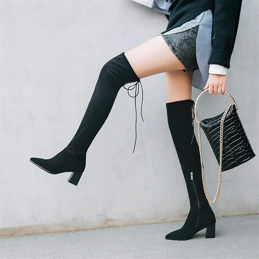 

SARAIRIS plus size 33-43 zip up square heels Over The Knee Boots Woman Shoes add fur winter boots solid elegant shoes woman