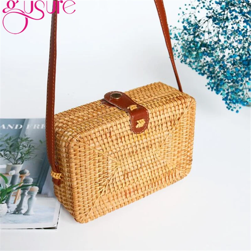 Gusure Square Shape Straw Messenger Bags Women Handcraft Rattan Bag