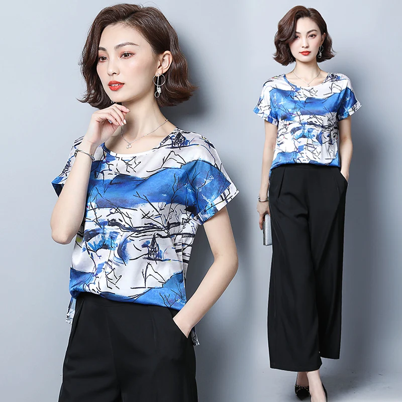 Korean Fashion Silk Women Blouses Satin Print Batwing Sleeve Blue Women Shirts Plus Size XXXL/4XL Ladies Tops Femininas Elegante - 4.00002E+12