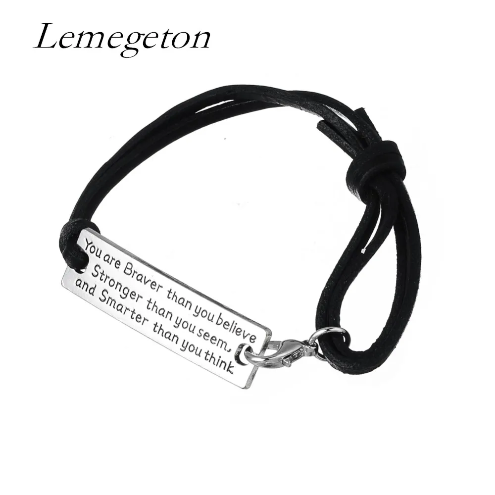 

Lemegeton High Polished Stamped "You Are Braver Than You Believe" Charms Making Inspirational Quote Adjustable Leather Bracelet
