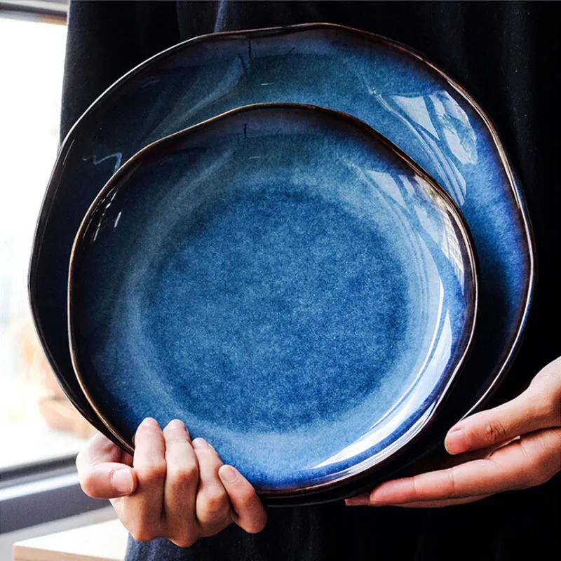 Prato de Cerâmica Retro Japonês Azul Profundo Comida Sobremesa Prato Irregular Casa Plana