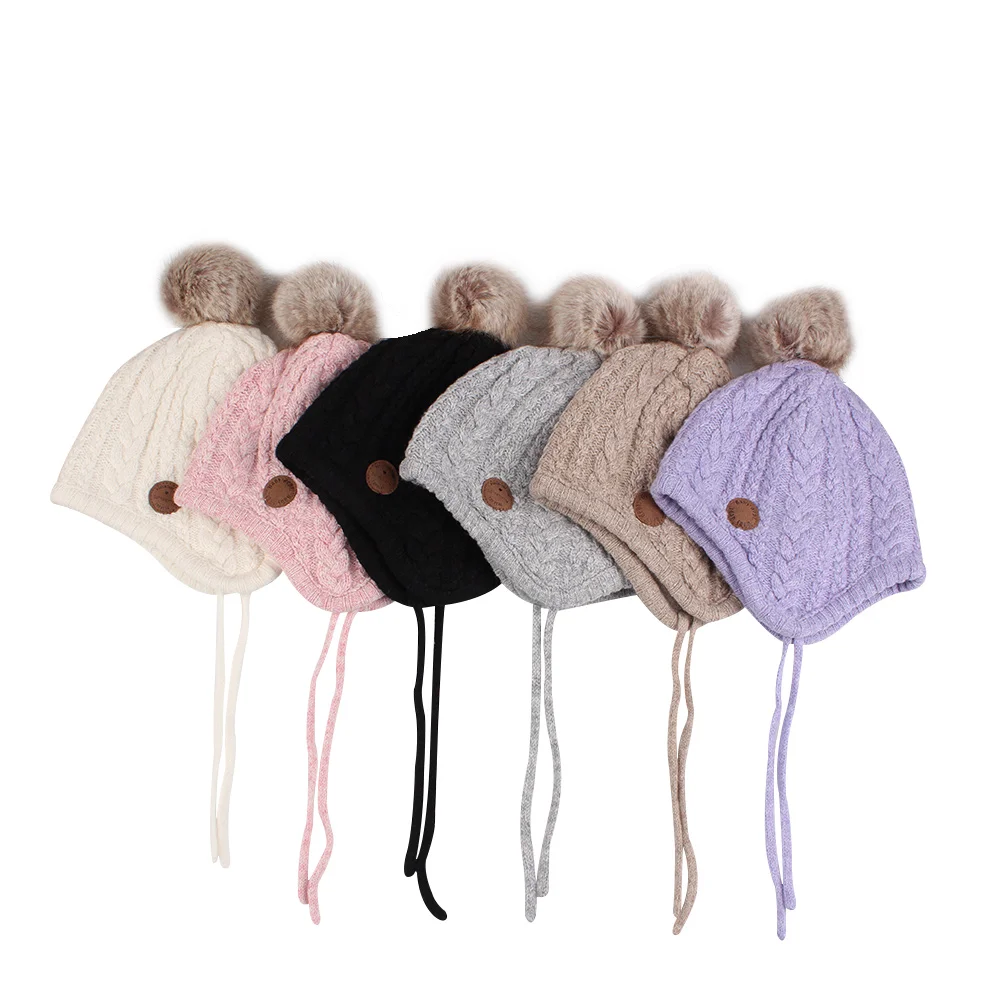 Twist Newborn Baby Hat Velvet Ear Protection Toddler Hat Cotton Warm Winter Beanie For Baby Girls Lace Up Infant Hat With Ball  (1)