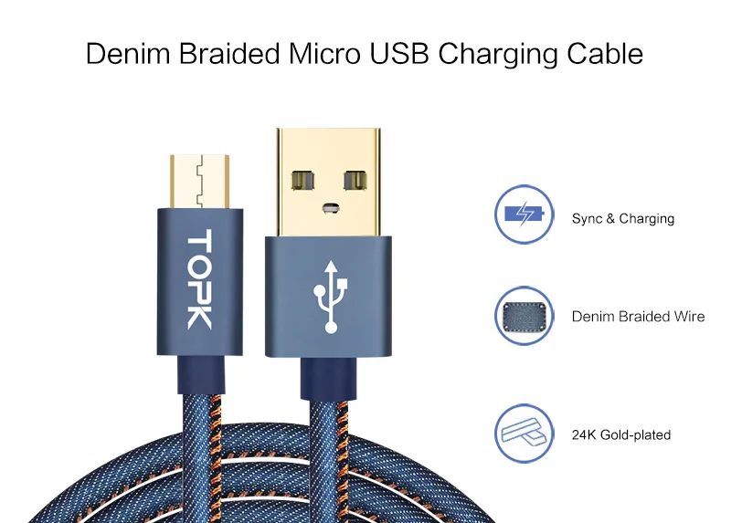 TOPK ковбойский Плетеный Позолоченный разъем для быстрой зарядки и передачи данных кабель Micro USB для samsung/sony/Xiaomi/huawei USB зарядное устройство