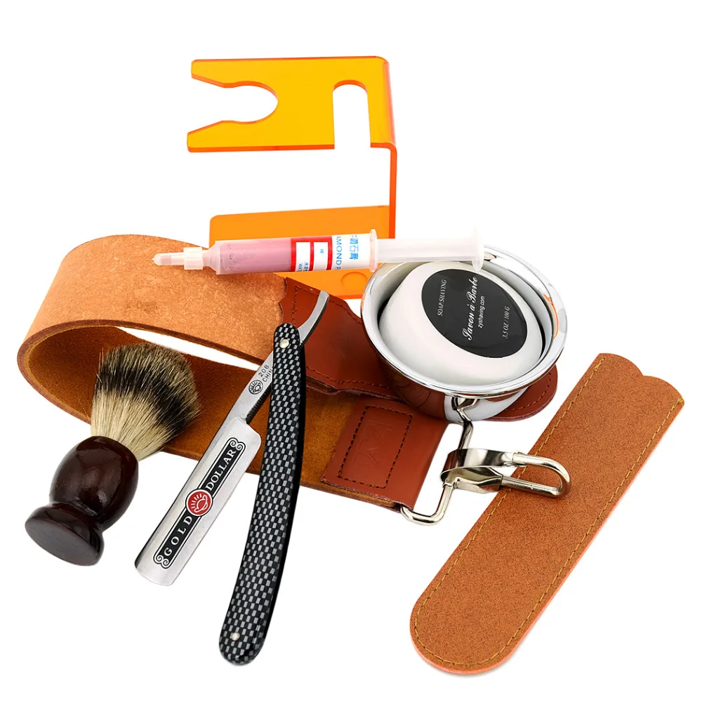 ZY 8pcs/set Straight Shaving Razor+Badger Shaving Brush+Stand+Shave Soap Bowl+Leather Sharpening Strop+Polishing Paste Barber ZY 8pcs/set Straight Shaving Razor+Badger Shaving Brush+Stand+Shave Soap Bowl+Leather Sharpening Strop+Polishing Paste Barber