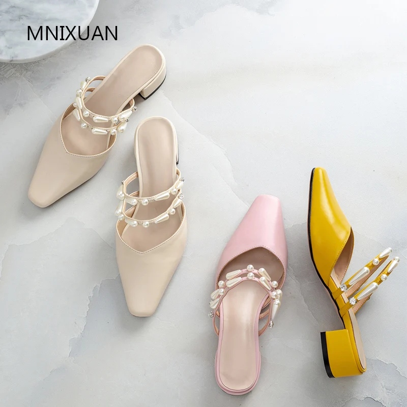 

MNIXUAN Handmade elegant sweet women summer shoes pumps mules 2019 spring new square toe genuine leather slip on medium heels