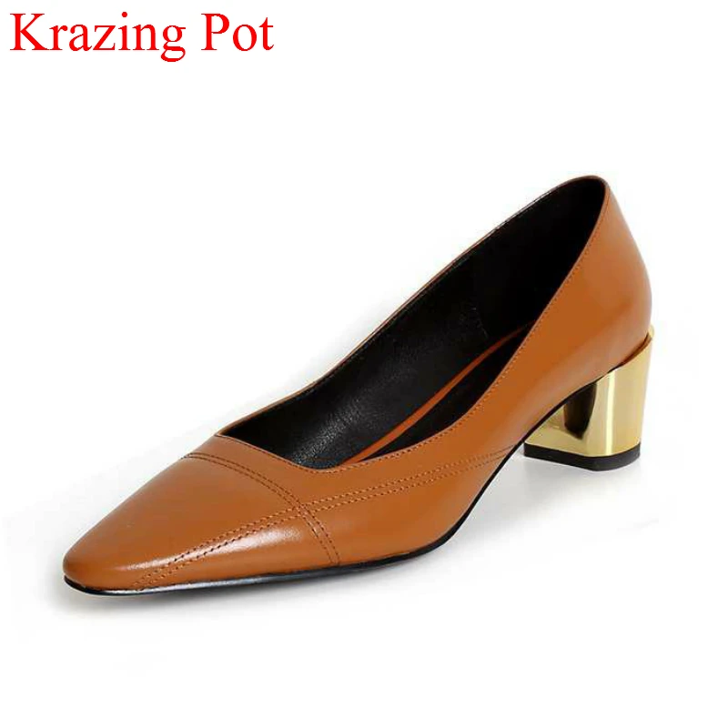 

2018 Fashion Shoes Woman Metal Med Heels Genuine Leather Women Pumps Slip on Leather Shoes Round Toe Elegant Office Lady L04
