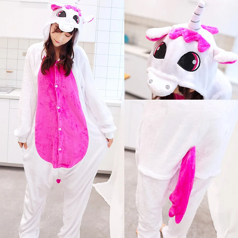 Anime Women Pajamas Unicorn Pikachu Stitch Costume Cosplay Winter Hooded Adult Sleepwear Onesies Flannel Cartoon Unisex Pyjamas