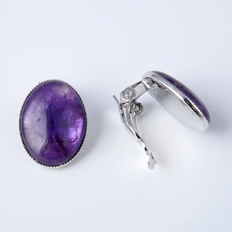 

New Wholesale Women Girl Summer Jewelry Oval Shape Natural Stone Purple Quartz Bead Earrings Clip for No Pierced Hole Ears