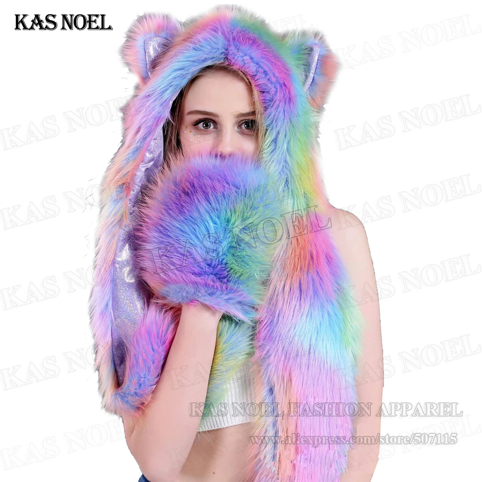 

Cute Rainbow Unicorn Faux Fur Hood Hat Scarf Glove With Fleece Lined Plush Animal Winter Cap Cosplay For Christmas Halloween