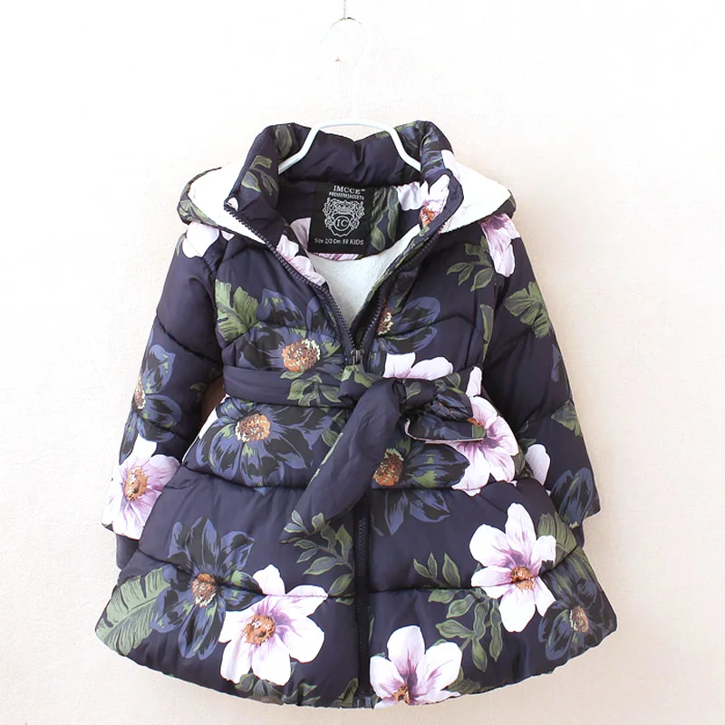 Зимние куртки для девочек; модная детская парка с цветочным принтом для девочек; теплые детские куртки из плотного флиса для девочек; PT1025