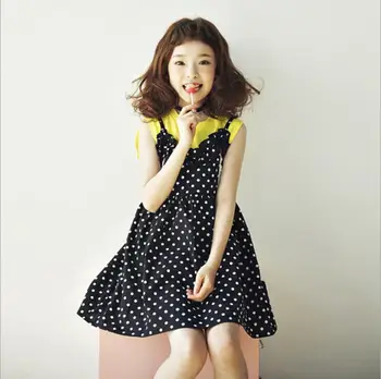 

2019 Korean style girls ruffles dots dress fashion cotton summer girls vest dresses 4-9t B259