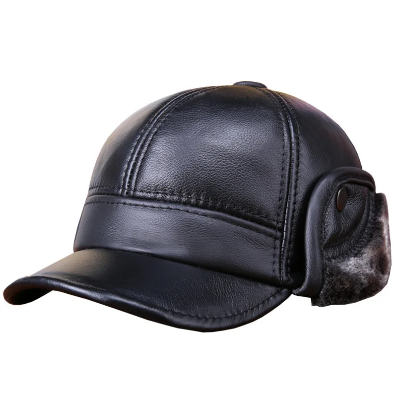 

Leather hat middle-aged men's winter warm leather hat cold winter duck tongue protection ear cap