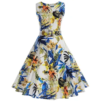 

Retro Dress Women Summer Flower Printing Hepburn 50 S 60 S Vintage Dress Robe Swing A -line Party Dress With Belt Summer Dress