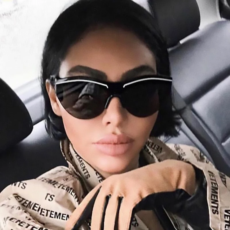 New Designer Womens Black Cat Eye Sunglasses Retro Oversized One Pieces Lens Sun Glasses White Line Lady Shades Okulary | Аксессуары для