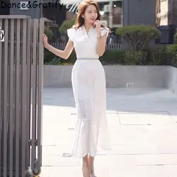 Новые корейские стильные женские белые кружевные Длинные Макси Вечерние платья летние женские с v-образным вырезом элегантные однотонные