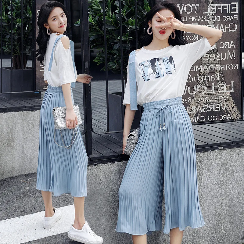 2018 Summer Women Printed T shirt and Wide Leg Pants Suits Two Piece ...