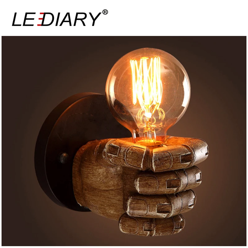 LEDIARY Creative Fist Shape Wall Lamp 110V/220V E27 Socket Resin Material Wooden Appearance Bedside/Stair/Corridor Lamp Antique