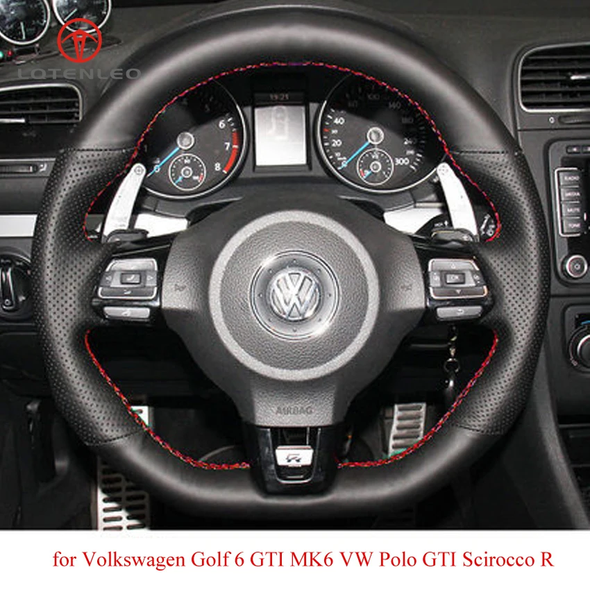 

LQTENLEO Black Artificial Leather Car Steering Wheel Cover for Volkswagen Golf 6 GTI MK6 VW Polo GTI Scirocco R Passat CC R-Line
