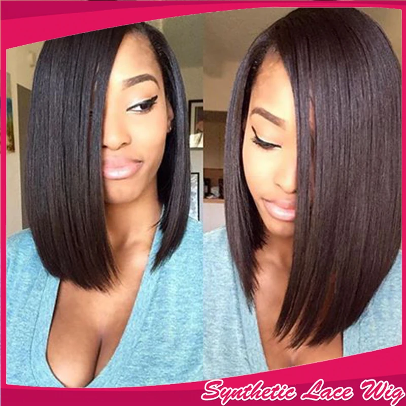

Top Quality Side Part  Black Short Bob Straight Wig Brazilian Synthetic Lace Front Wig Cheap Wigs For Black Women Heat Resistant