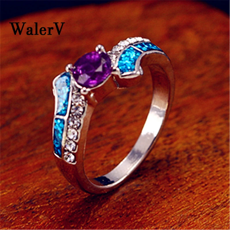 

WalerV 925 Silver Ring Charm High Quality Circular Purple Crystal stone Imitation Blue Fire Opal Zircon Jewelry For Women Rings