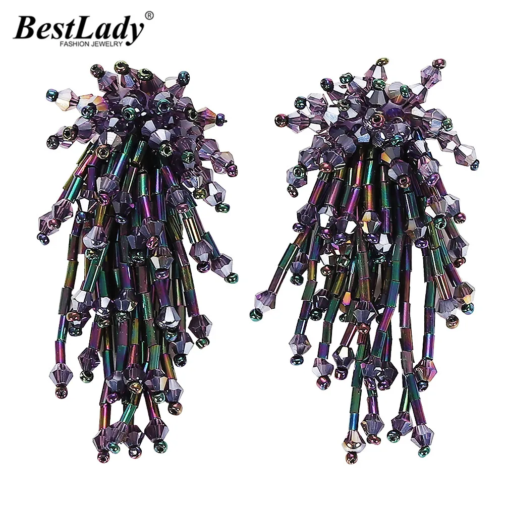 

Best lady Bohemian Colorful Acrylic Crystal Fringed Drop Earrings for Women Brand Design Simulated Pearls Statement Earring Gift