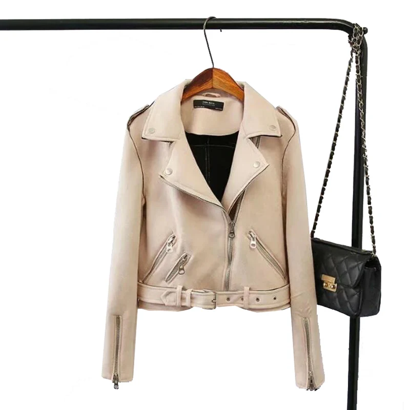 

2019 Coat Jacket Women Bomber Jacket Leather Suede Coat Short Slim Zippers Jackets Female Sashes Faux Leather Jacket Moto Biker