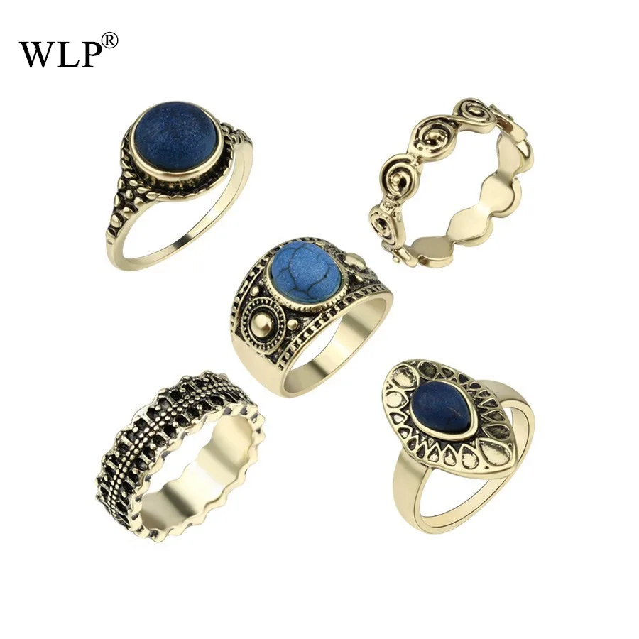 

Boho Beach Vintage Knuckle Midi Ring Sets For Women 5pcs/set Resin Precious Stone Decoration Antique Gold Jewelry Ring Set A3210