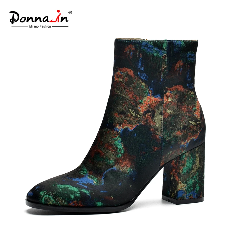 

Donna-in 2019 New Women Ethnic Style Silk Embroider Women Winter Boots Thick High Heels Ankle Female Boots