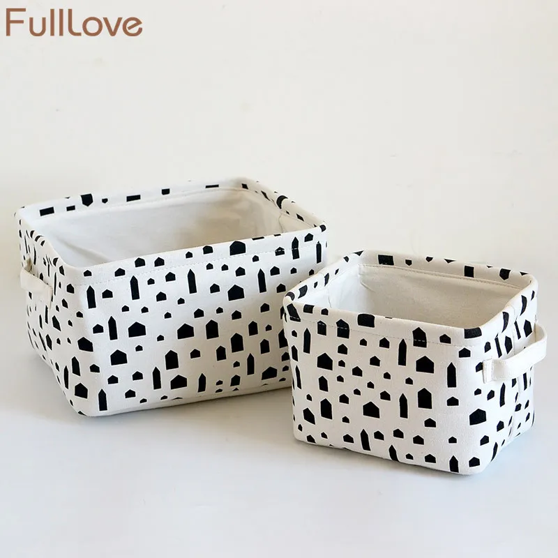 Fulllove 2 قطعة/المجموعة دار الطباعة القطن الأسود مكتب صندوق تخزين الكتب لعب الملابس التجميل منظم تخزين وتنظيم منزلي