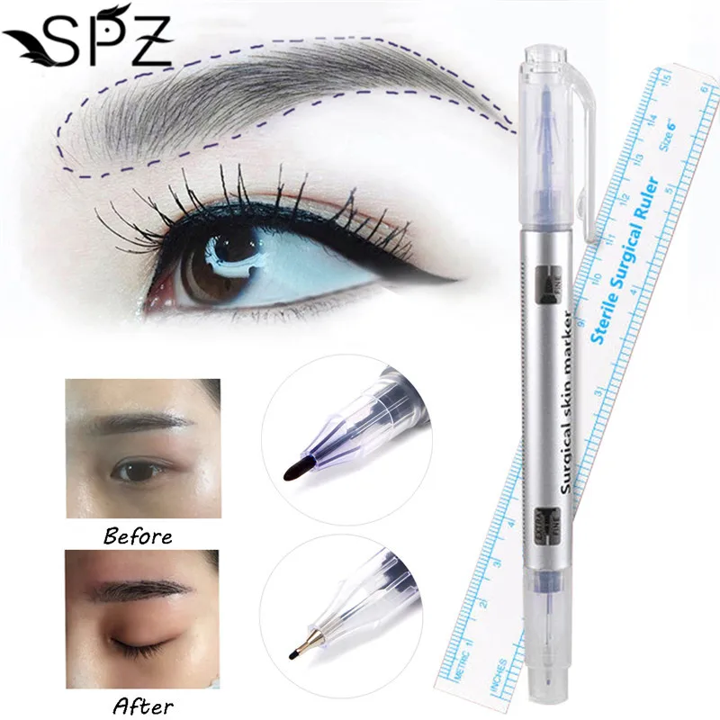

2pcs/Set Microblading Surgical Skin Marker Eyebrow Marker Pen With Measure Measuring Ruler Tattoo Skin Scribe Tool Disposable