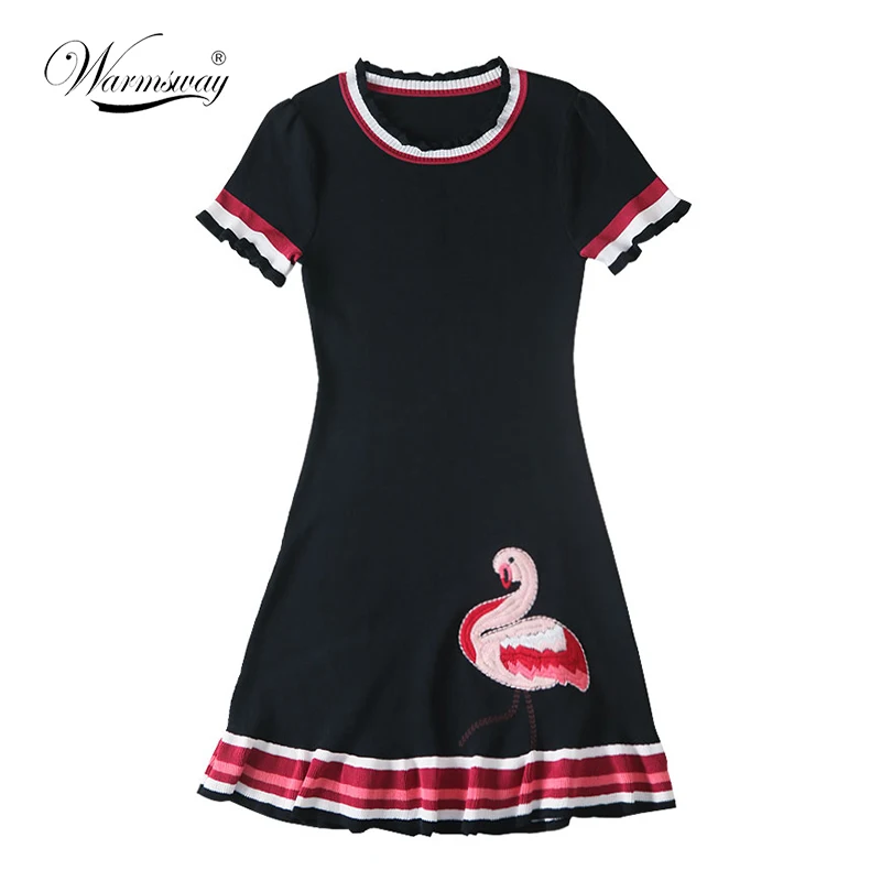 Summer dress 2017 Women Dress Fun Flare flamingo embroidery Casual High Waist Cute A Line Mini Dresses WS-120