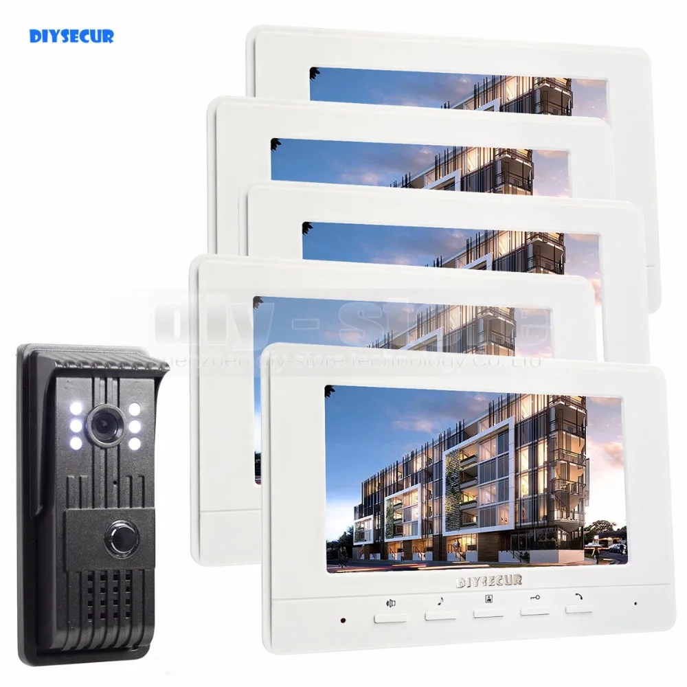 

DIYSECUR 7inch Video DoorPhone Doorbell Intercom Metal Shell Camera LED Color Night Vision 5 Monitors White
