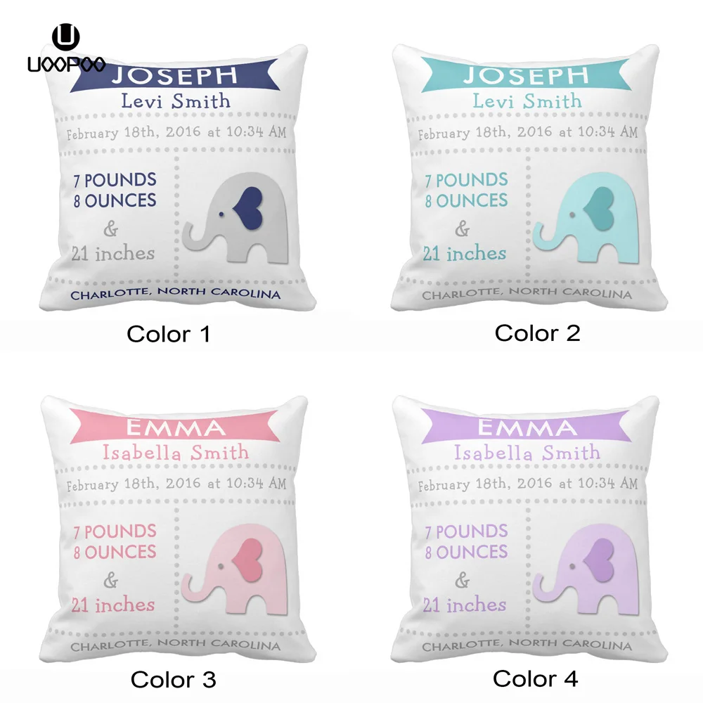 

Custom Baby Birth Stats Elephant Nursery Boy / Girl Throw Pillow Cover Soft Polyester Home Decorative Cushion Cover For Babyroom