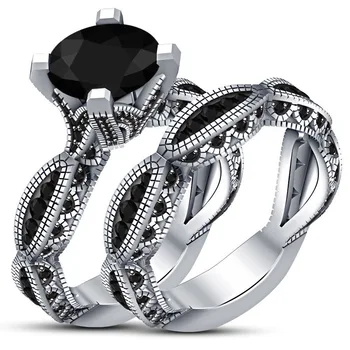 

HUITAN Noble 2PC Couple Ring Band Trendy Black Stone Solitare Engagement Ring For Couple Fashion Design Bridal Sets Wholesale