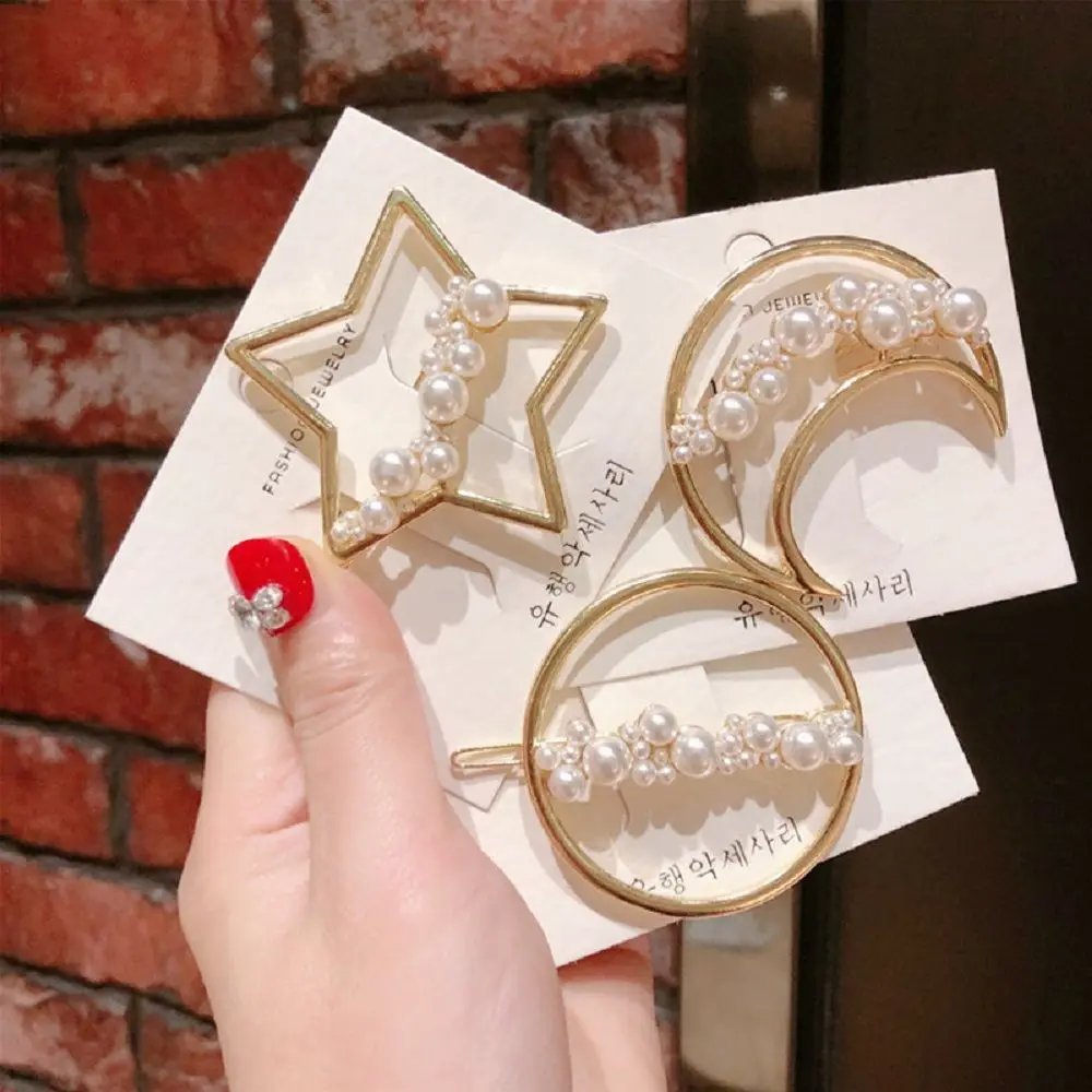 

Cute Elegant Imitiation Pearl Round Star Moon Shape Hairpins Metal Gold Color Hair Clips Hair Accessories for Women Girls
