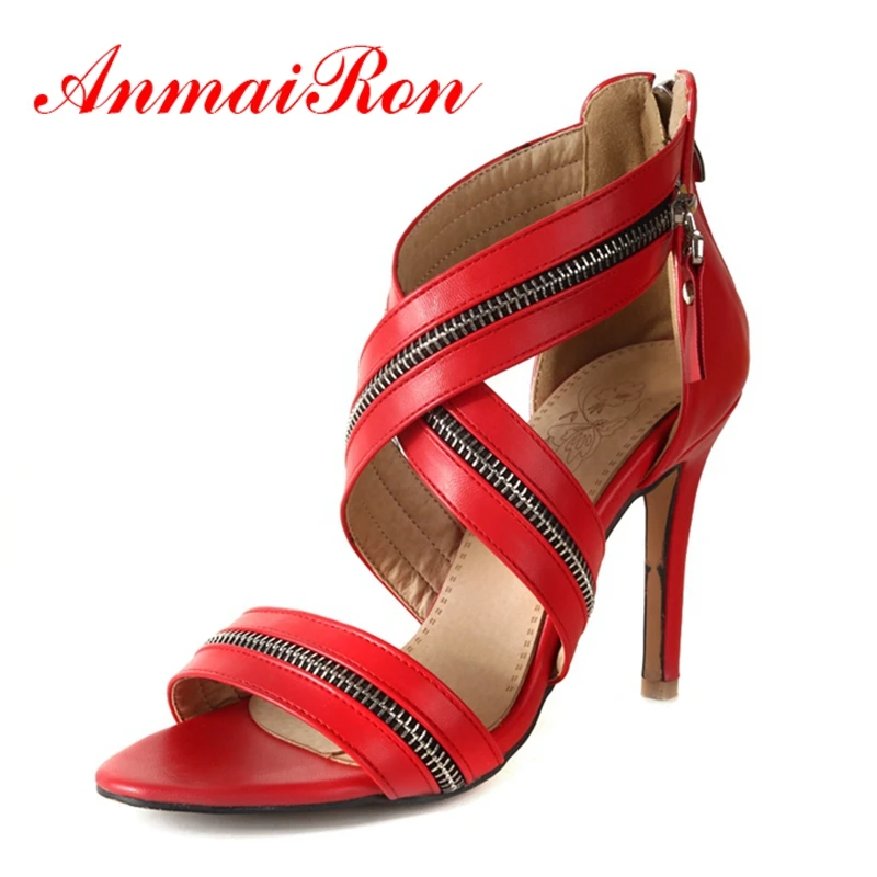 

ANMAIRON Women Super High heels Sandals Summer Party Shoes women PU Open toe Cross-tied Bcukle strap Thin heels Zipper CR138
