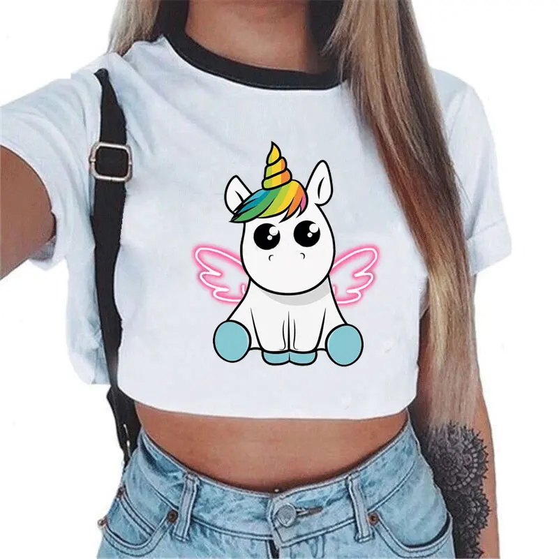 2019 Harajuku Радуга Единорог укороченный Топ Футболка женские кавай Топы Licorne