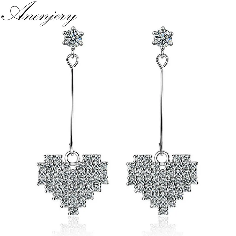 Anenjery 925 пробы серебряные ювелирные изделия ослепительные циркониевые Кристальные серьги с кисточкой-сердцем для женщин pendientes Oorbellen S-E357