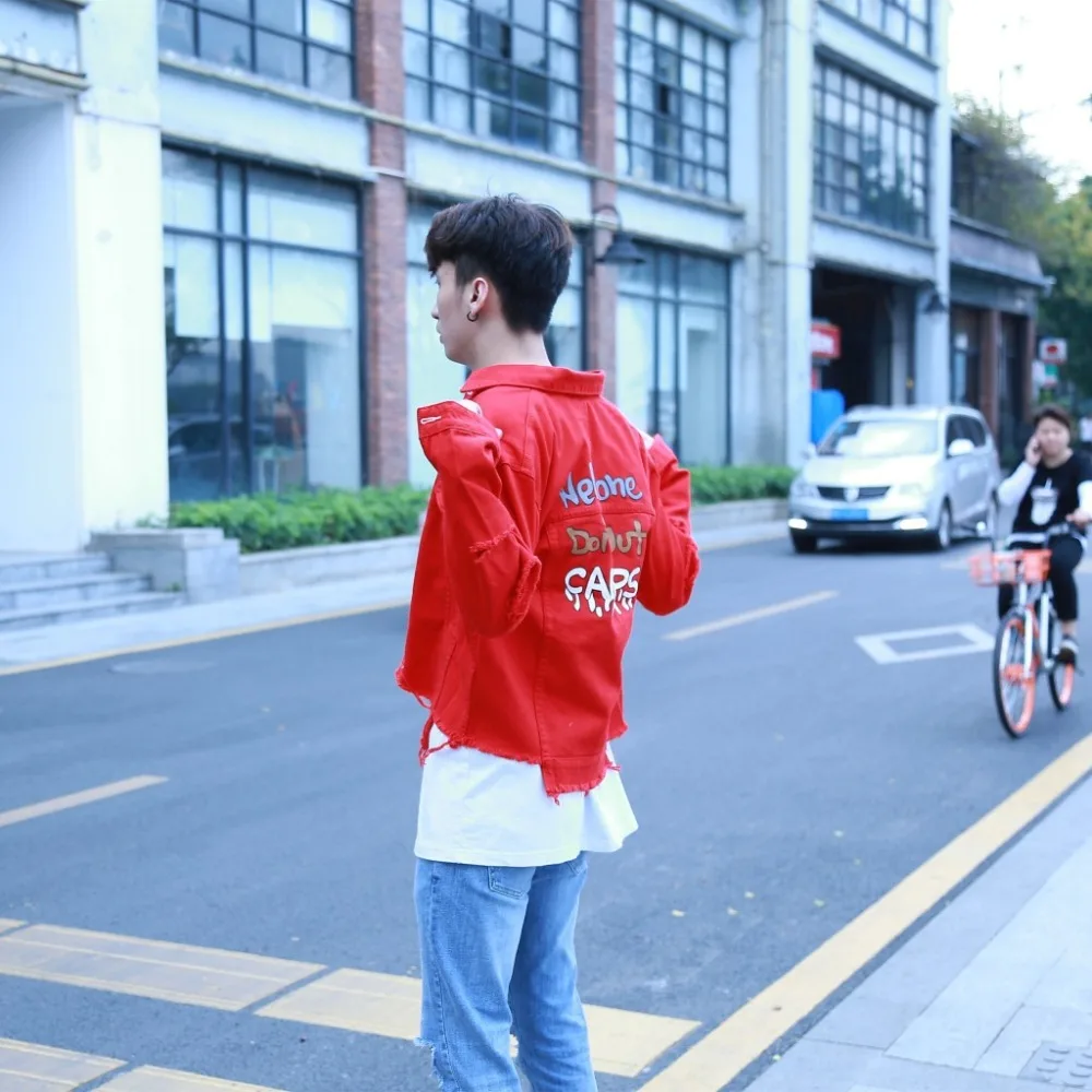 Fashion Jean Coats Men's Slim Full Sleeve Print Red Jean Jacket Casual Red Fancy Colored Coat Outerwear