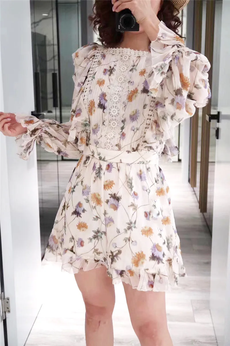 Летние Boho вечерние с пляжным цветочным принтом женские костюмы Подиумные оборки кружева с расклешенными рукавами женский комбинезон одежда