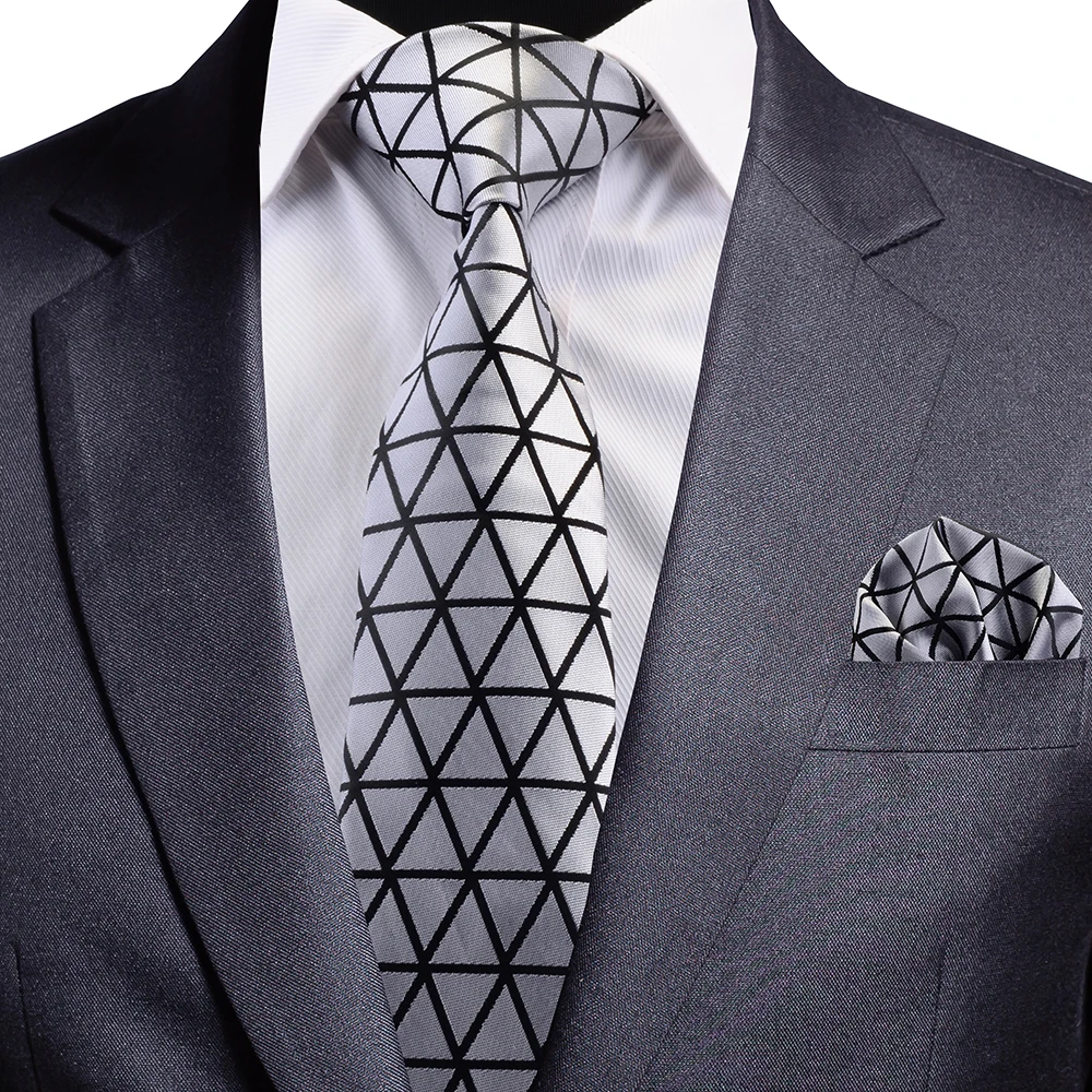 GUSLESON New Design Silk Tie Solid Silver Black Neck Tie Triangle Patter Plaid Necktie and Pocket Square Set for Party Wedding