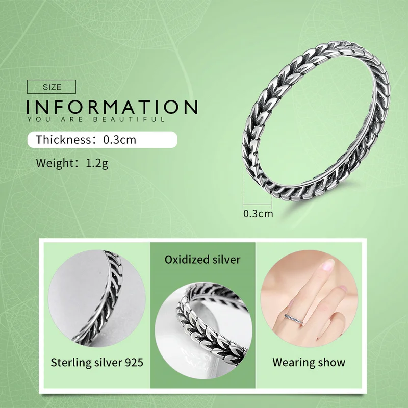 BAMOER Authentic 925 Sterling Silver Stackable Ring Wheat Shape Arrow Finger Ring Women Vintage Sterling Silver Jewelry SCR139