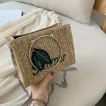 

New Fashion Women Lady Chain Shoulder Bag Handwoven Straw Rattan Handbags Knitted Satchel Summer Boho Messenger Tote Flap Bags