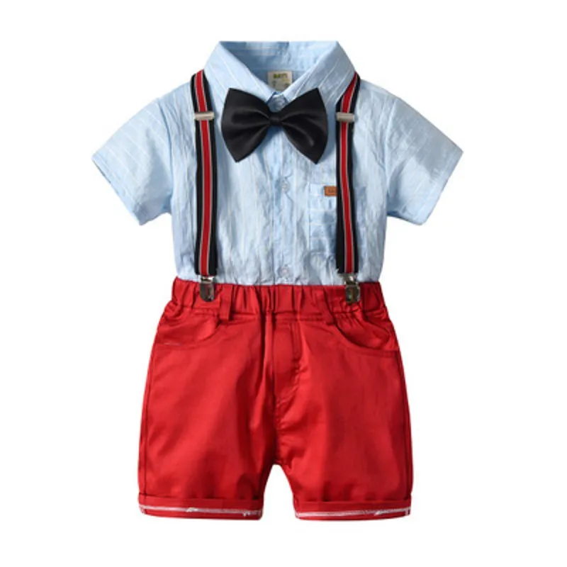 

Summer New Drop Ship Little Gentleman Formal Costume Strip Shirt Suspender Pants Baby Boys Outfit Children Clothes