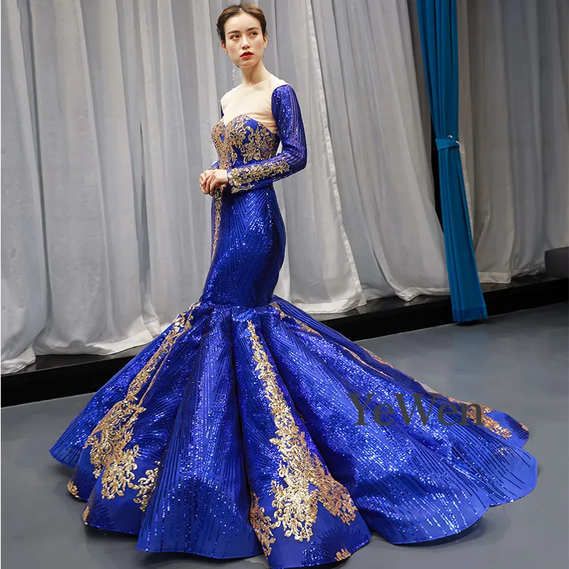 Королевское синее вечернее платье, сексуальное, с открытой спиной, без бретелек, вечернее платье, длинное, с золотой аппликацией, Vestidos De Fiesta De Noche YM20247