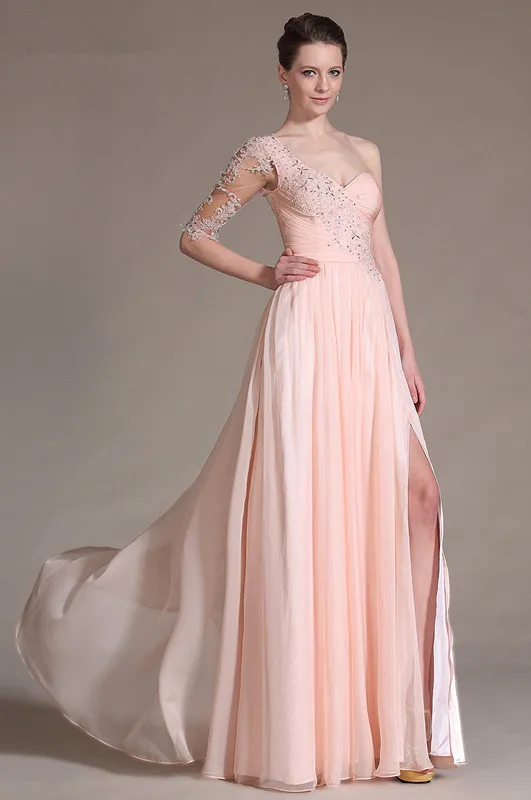 Free-Shipping-New-A-Line-One-Shoulder-Pink-Chiffon-Evening-Gowns
