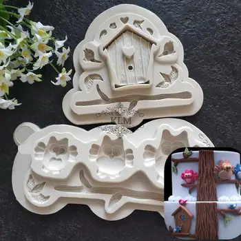 

KLM-00144 Owl standing on a branch of silicone mold Tree house mold